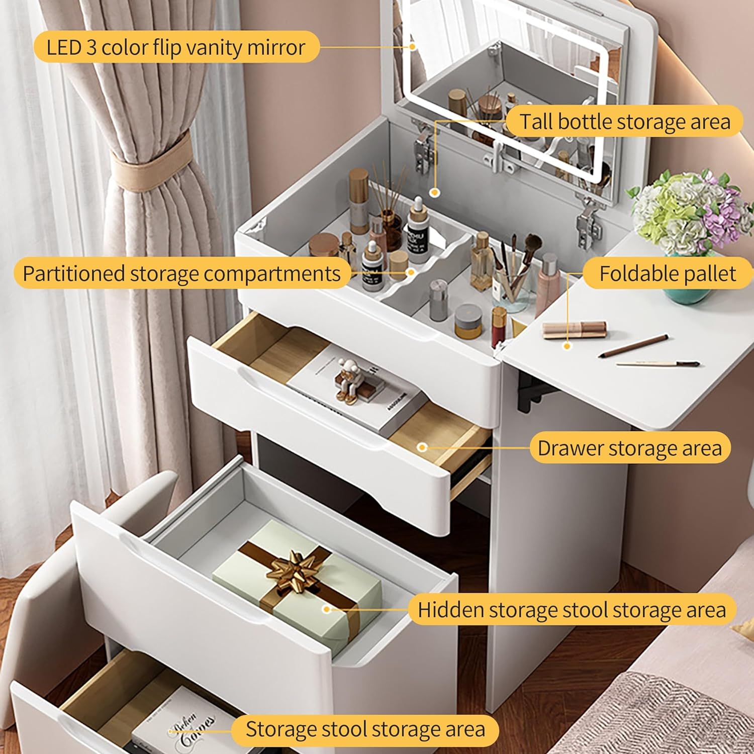 Vanity Set with Flip Top LED Mirror, Makeup Vanity Desk with 3 Drawers